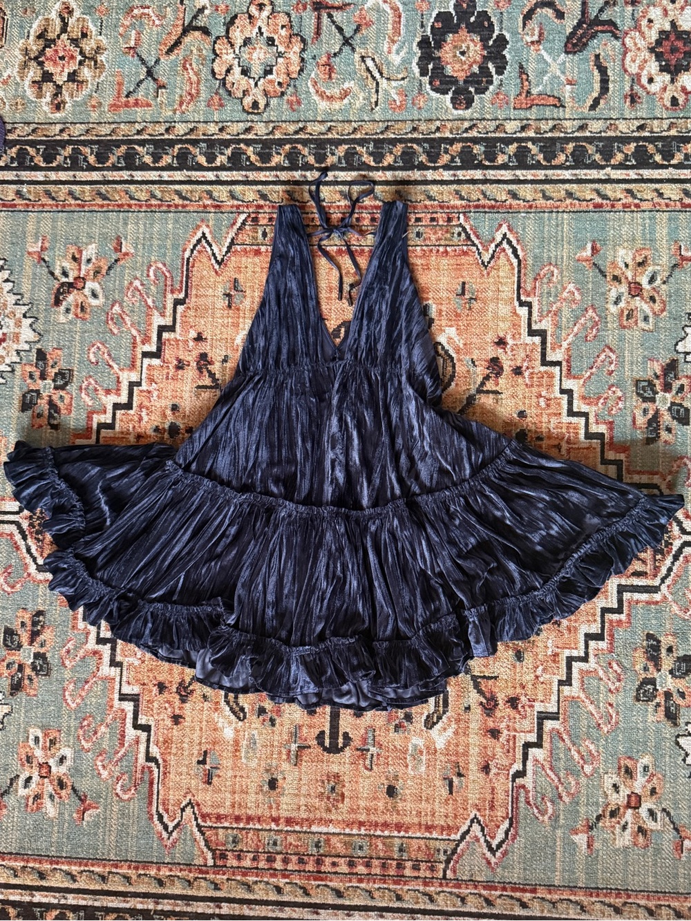 Free People navy crushed velvet shift mini dress XL tiered ruffled 60s mod